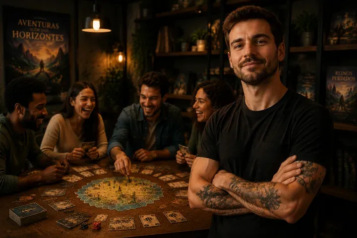 Criador de jogos ao lado de amigos jogando seu jogo na mesa