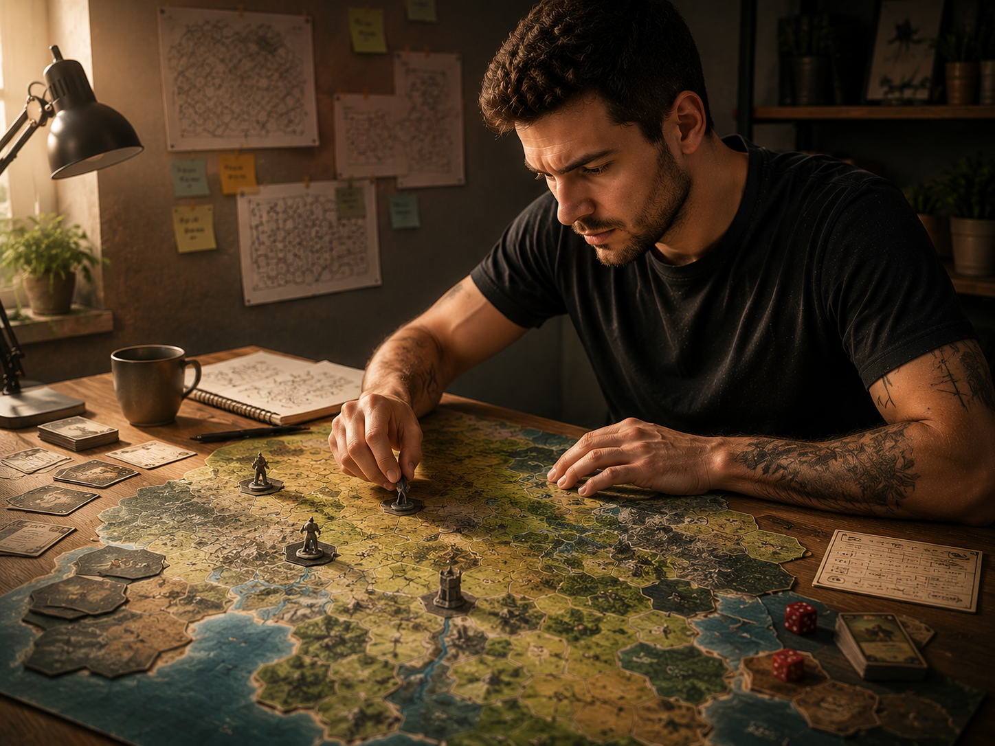 Criador de jogos concentrado montando o tabuleiro do seu protótipo