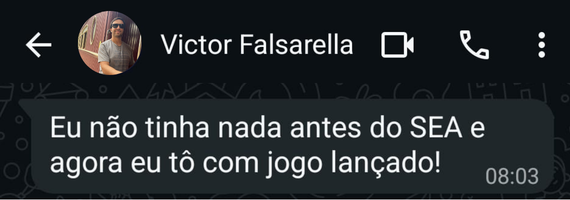 Print de conversa no WhatsApp com depoimento do Victor Falsarella