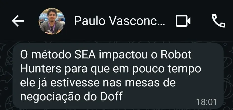 Print de conversa no WhatsApp com depoimento do Paulo Vasconcelos