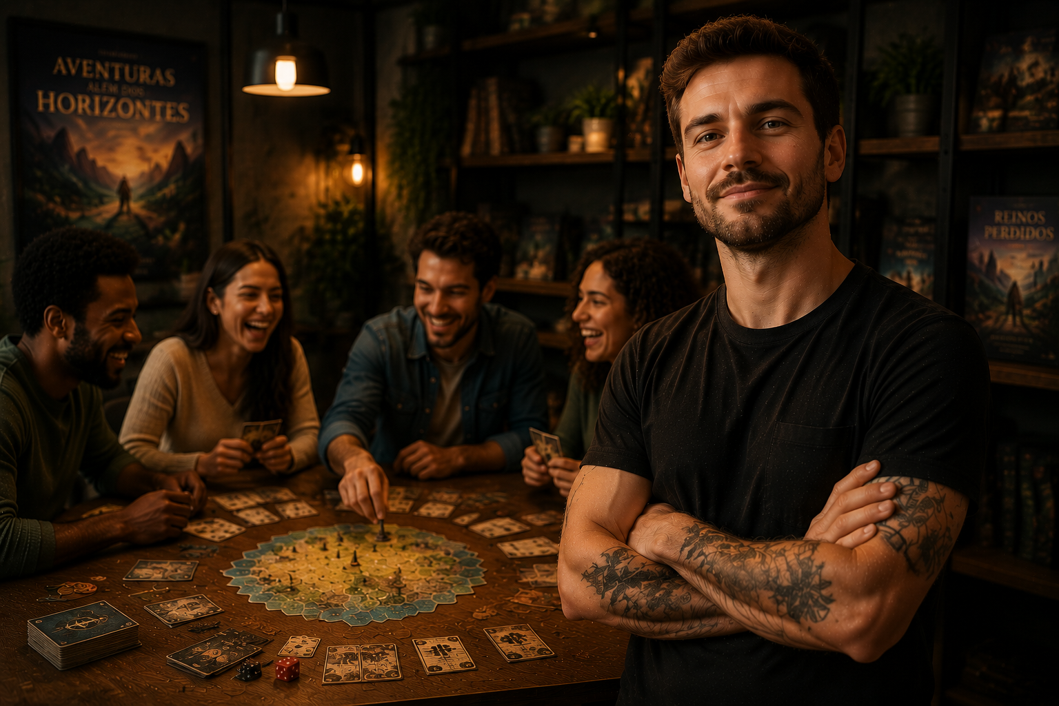 Criador de jogos ao lado de amigos jogando seu jogo na mesa