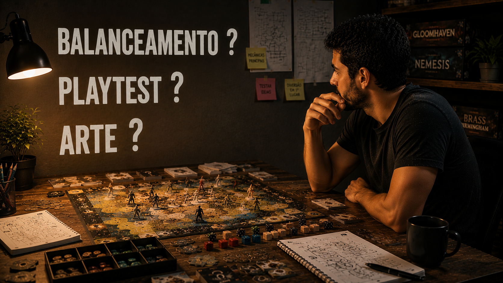 Criador observando o protótipo de um jogo com dúvidas sobre balanceamento, playtest e arte na parede
