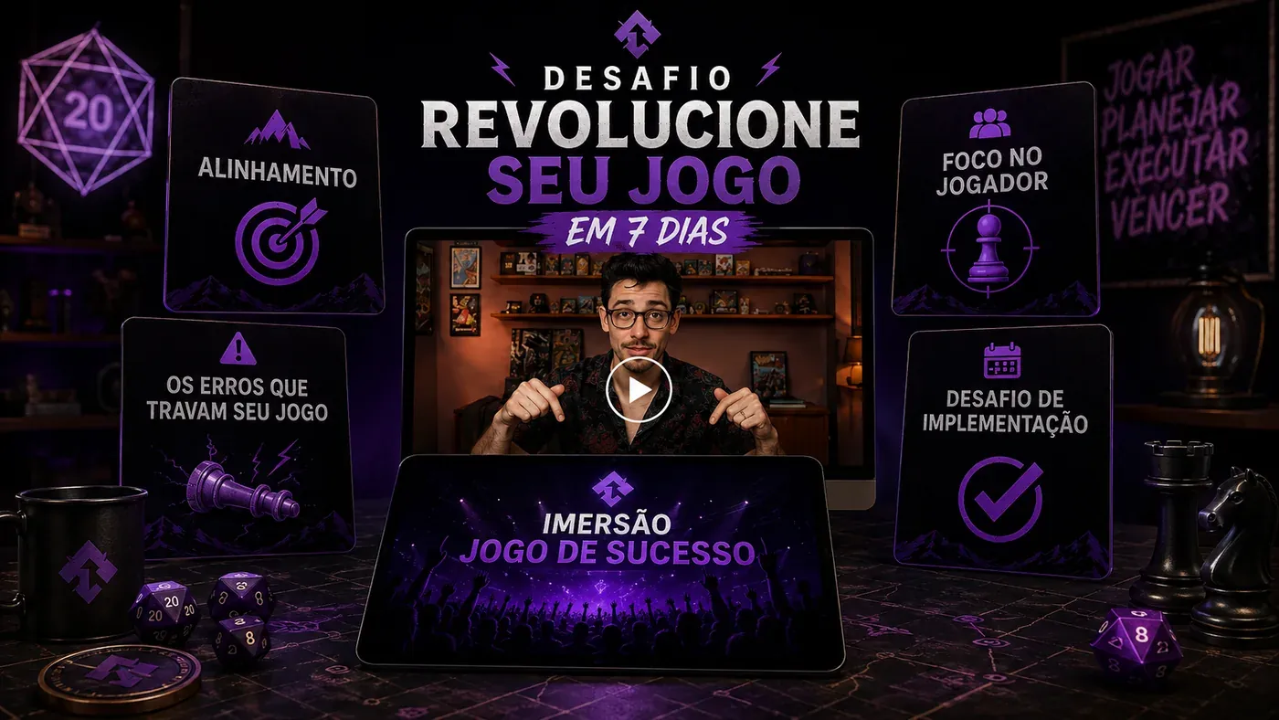 Mockup do Desafio Revolucione Seu Jogo em 7 Dias com vídeo central e cards de entregáveis