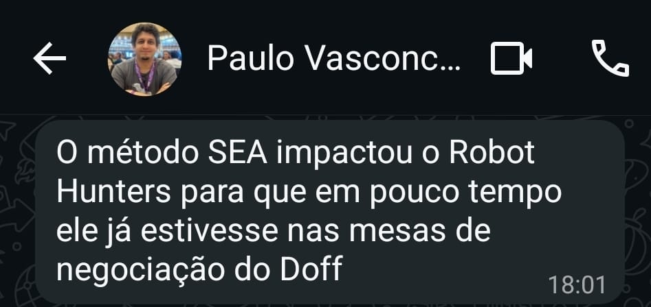 Print de conversa no WhatsApp com depoimento do Paulo Vasconcelos