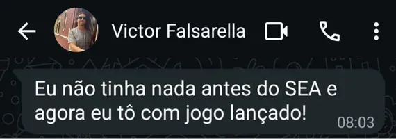 Print de conversa no WhatsApp com depoimento do Victor Falsarella