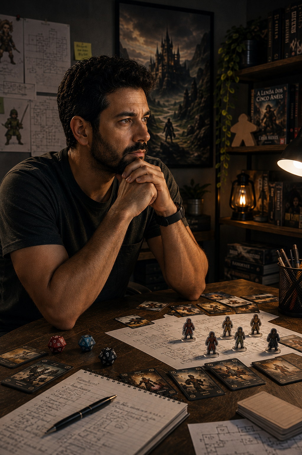 Criador de jogos pensativo em frente a uma mesa com protótipos, cartas e dados