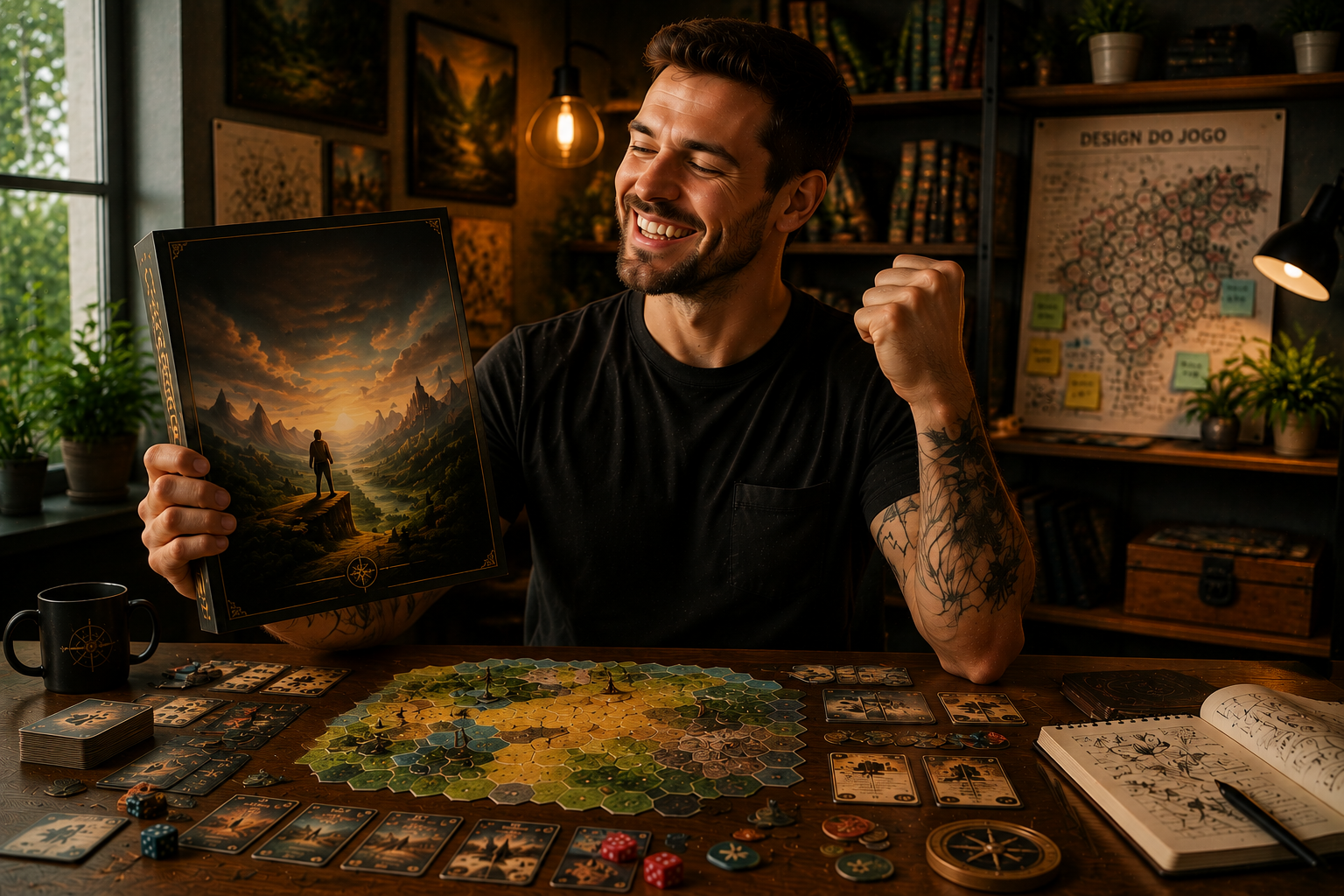 Criador de jogos comemorando com a caixa do seu jogo finalizado