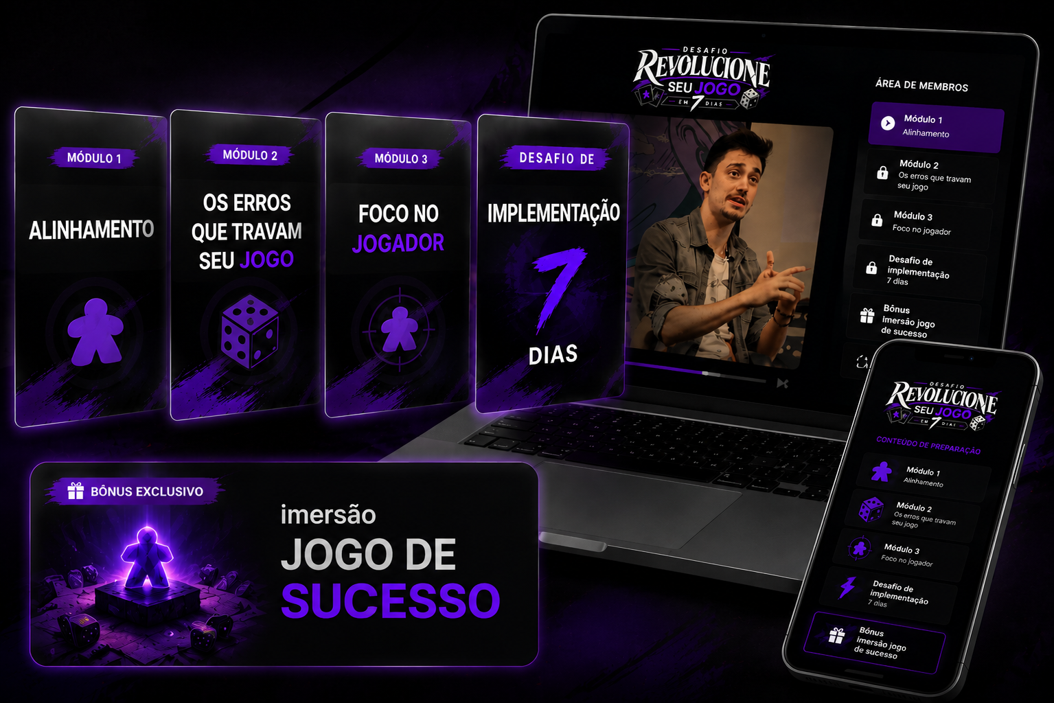 Mockup da área de membros com os módulos do desafio no notebook e no celular